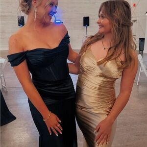 Gold Satin V-Neck Ruched Evening Dress